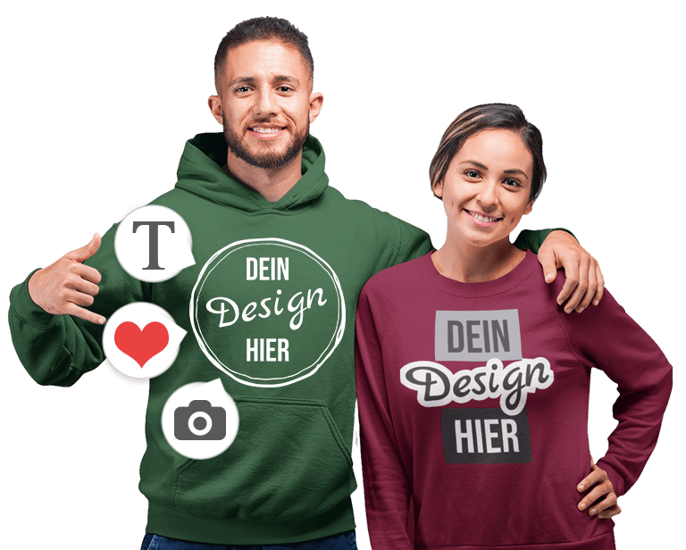 Junges Paar in Hoodie mit eigenen Motiven