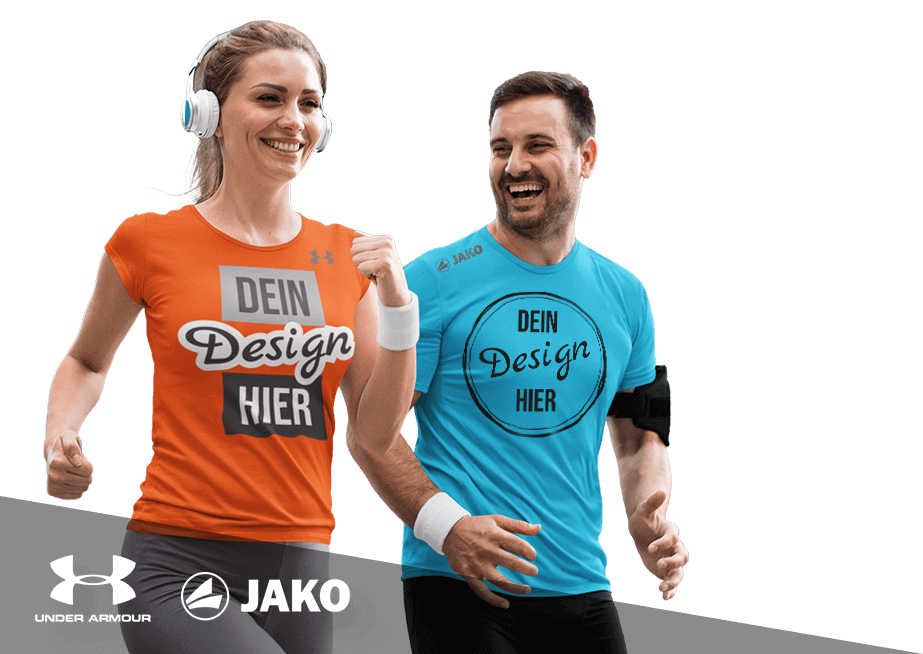 Zwei junge Leute joggen in bedruckten Sportkleidung